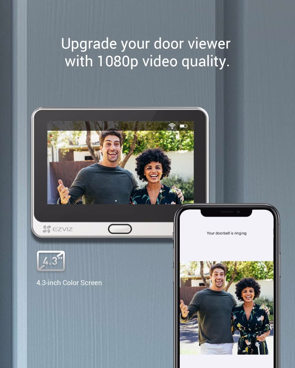 EZVIZ DP2C 1080p Video Door Viewer Peephole Camera with 4.3" Color Screen Display, Built in Chime, Rechargable Battery, APP Viewing, Two Way Audio, PIR Motion Detection, Metal Housing, Cloud/SD thumbnail 2