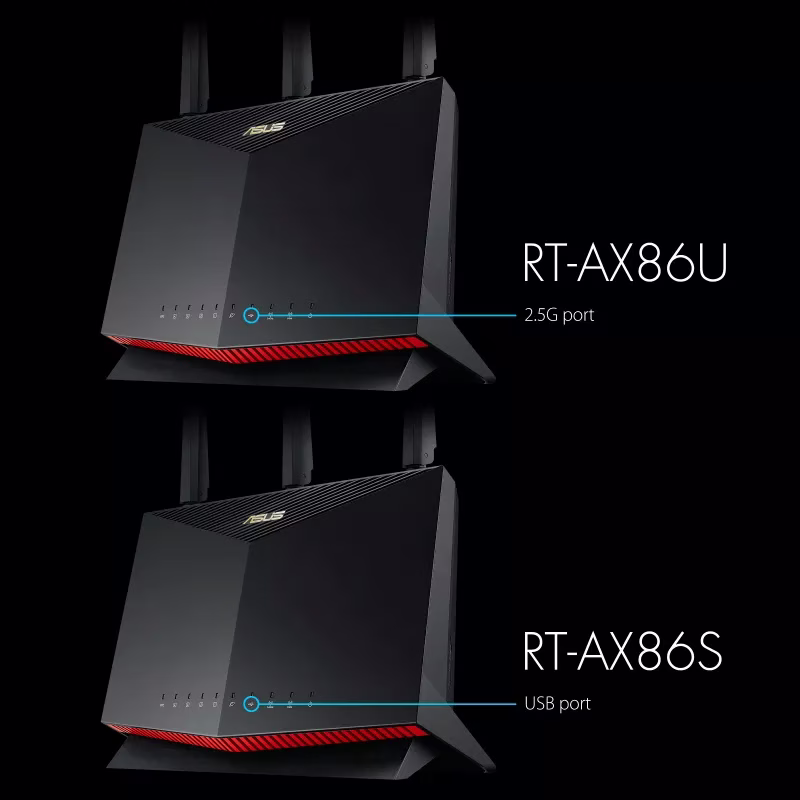 Asus RT-AX86U AX5700 Dual Band WiFi 6 Gaming Router, WiFi 6 802.11ax, 1.8 GHz Quad-Core, 1GB RAM, 2500 sq ft, NVIDIA GeForce, 2.5G Port, Gaming Port, Adaptive QoS - Black I 90IG05F1-MU2G10 image