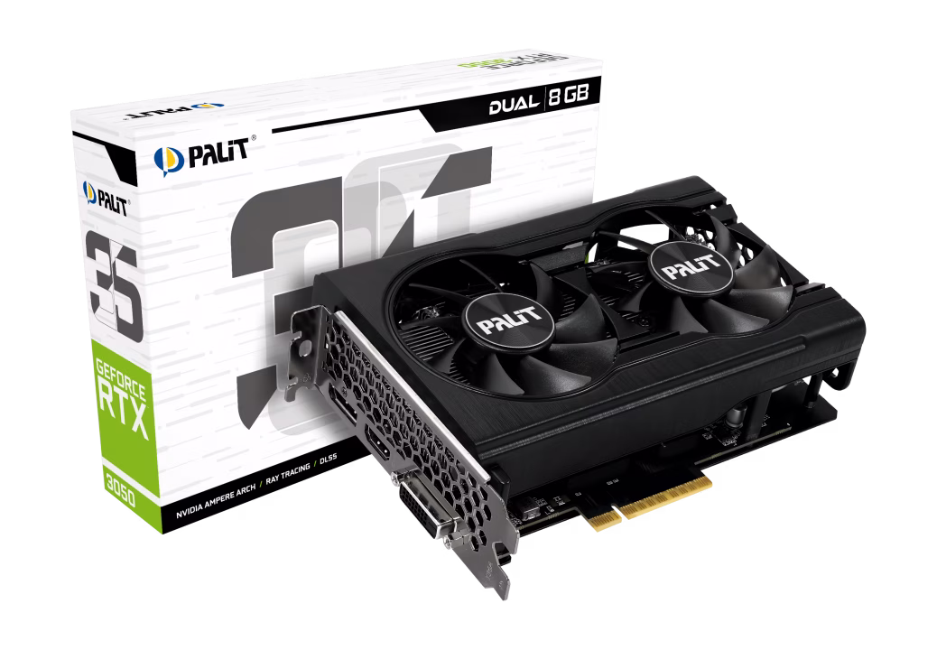 Palit NVIDIA GeForce RTX 3050 Dual 8 GB GDDR6 Graphics Card, 128 bit 14 Gbps, 2560 CUDA Cores, Core Boost 1777 MHz, DP1.4a, HDMI 2.1, Black | NE63050018P1-1070D – Buy Online