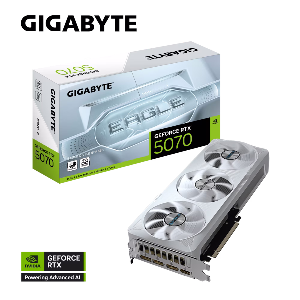 Gigabyte NVIDIA GeForce RTX 5070 EAGLE OC ICE SFF 12G Graphic Card, 12GB GDDR7 192bit, 6144 CUDA Cores, Max Boost 2587 MHz, DLSS 4, White | GV-N5070EAGLEOC ICE-12GD thumbnail 3