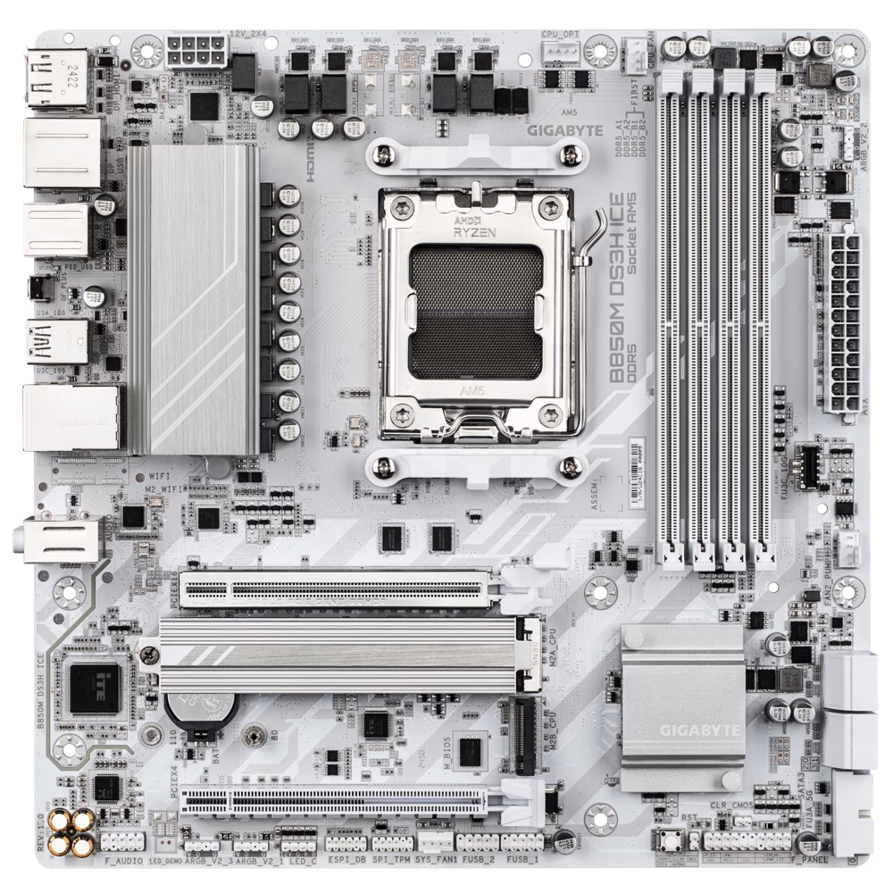 Gigabyte B850M DS3H ICE Micro ATX AM5 Motherboard, 4 x DIMMs Dual Channel DDR5, 2 x M.2 Slots, Full-length PCIe slots, X3D Turbo Mode, 2.5GbE LAN, 8x +2+2 Twin Digital VRM Design, White | B850M DS3H ICE thumbnail 2