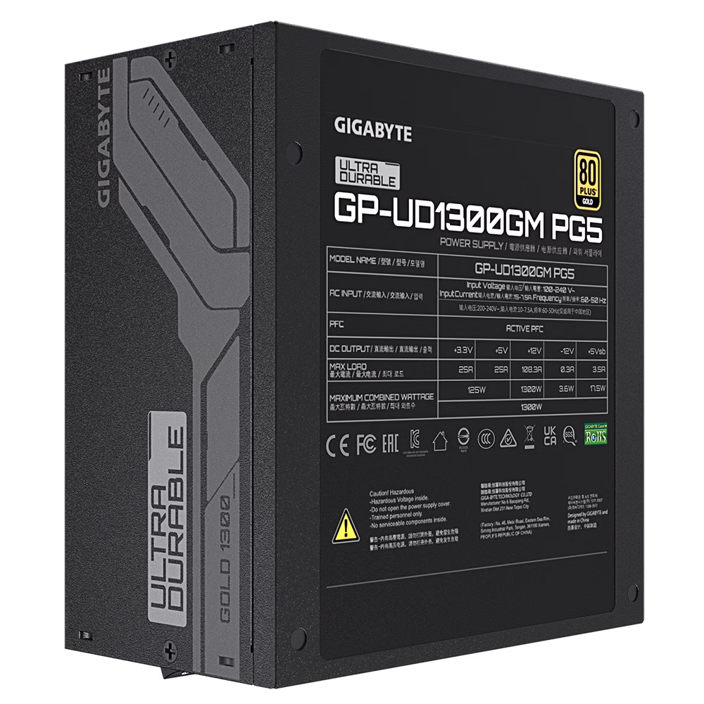 GIGABYTE UD1300GM PG5 Fully Modular Power Supply, PCIe Gen 5.0, 1300W, 80 PLUS Gold Efficiency, Double Ball Bearing Fan, ATX 12V v3.1, Black | GP-UD1300GM PG5 thumbnail 6
