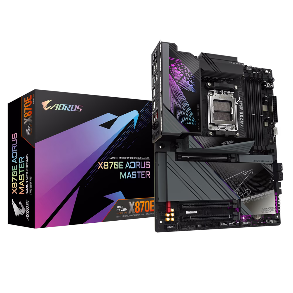 Gigabyte X870E AORUS MASTER AM5 Motherboard, 4 x DDR5 DIMM OC up to 8600MT/s, 4xM.2 slots, 3xPCIe 5.0 x4, Digital Twin VRM Design, 5GbE LAN & Wi-Fi 7 | X870E AORUS MASTER – Buy Online