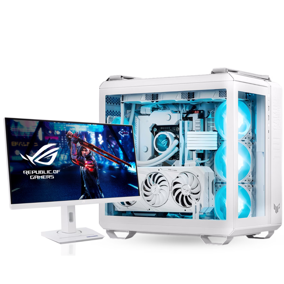 TUF White Edition Gaming PC, Core i7-14700K, RTX 4070, 32GB, 1TB, 850W, ASUS 27 INCH 180HZ Monitor, Powered By ASUS image