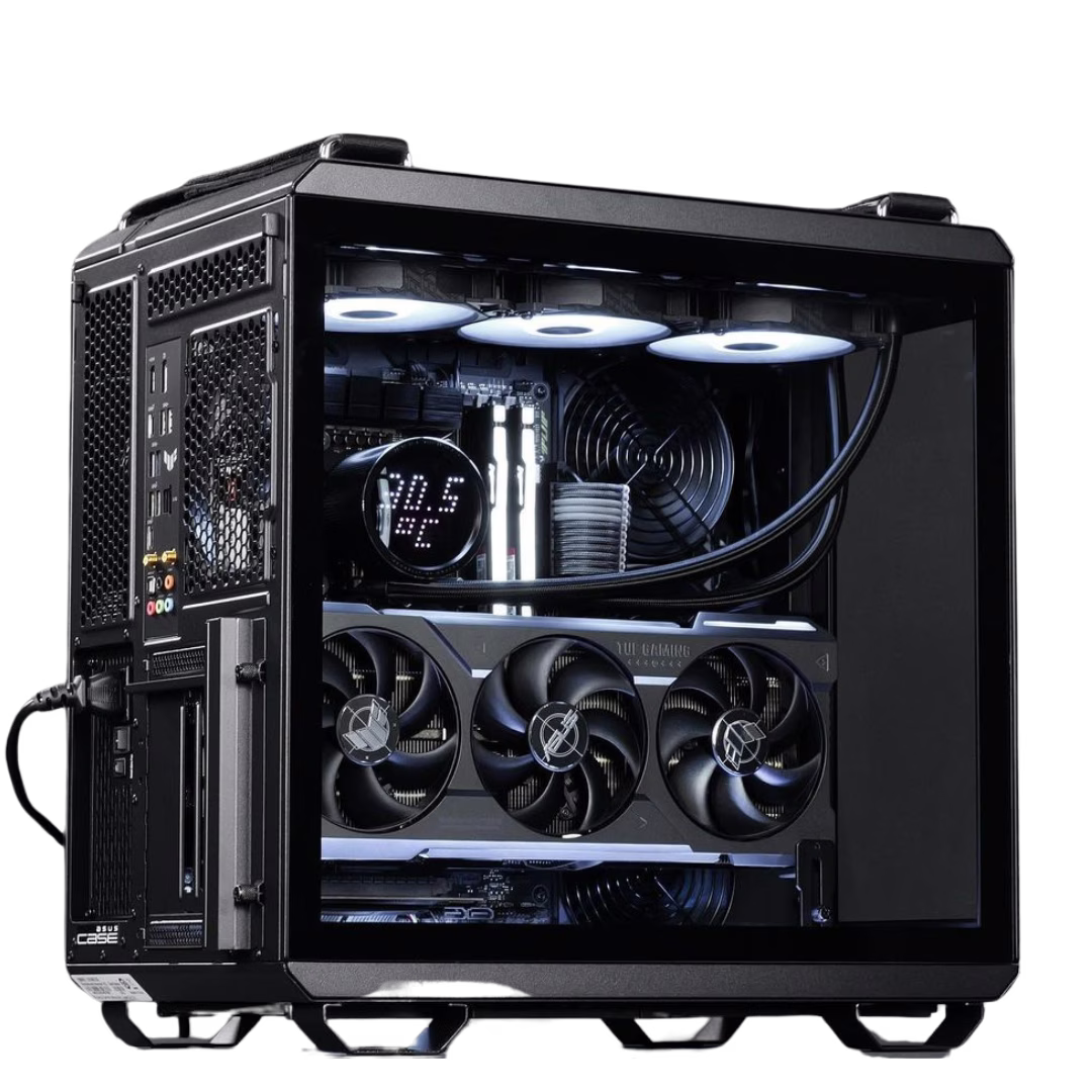 ASUS GT502 Gaming PC - AMD Ryzen 7 9700X 8 Cores 16 Threads, NVIDIA RTX 4080 SUPER 16GB, 64GB DDR5 RAM 2*32 GB, 4TB SSD, 850W 80 PLUS PSU, 360mm Liquid Cooler, Wi-Fi + BT,??Powered??by??ASUS image