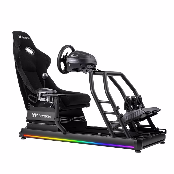 Thermaltake GR500 Racing Simulator Cockpit, Fiberglass Bucket Seat, Aluminum & Steel Frame, Adjustable Steering & Pedal Mounts, RGB Lighting, Black | GSC-R50-CPASBB-01 thumbnail 2