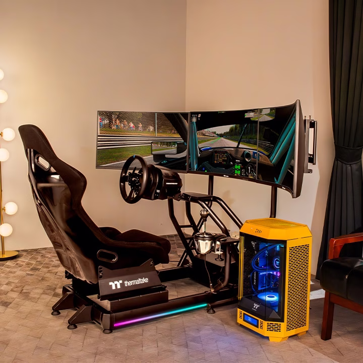 Thermaltake GR500 Racing Simulator Cockpit, Fiberglass Bucket Seat, Aluminum & Steel Frame, Adjustable Steering & Pedal Mounts, RGB Lighting, Black | GSC-R50-CPASBB-01 thumbnail 4