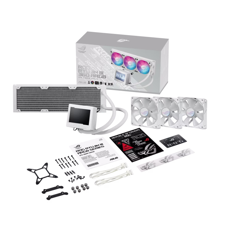 ASUS ROG RYUJIN III 360 ARGB Liquid CPU Cooler, 3.5" Full Color LCD, 3x 120mm Magnetic Daisy-chainable Fan, 360mm RadiatoR .21.08 CFM Airflow, 2200 RPM Speed, PWM/ DC Control, White | 90RC00L2-M0UAY0  2YEAR WARRANTY thumbnail 6