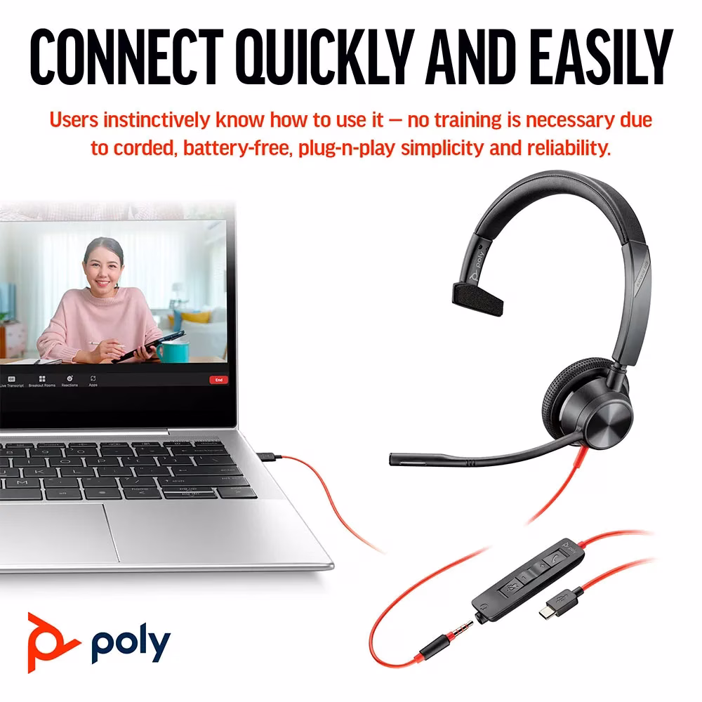 HP Poly Blackwire 3315 USB-C Monaural Wired Headset – Professional On-Ear Audio with 3.5mm Jack, Noise-Canceling Mic, and USB-C/A Connectivity | 76J14AA thumbnail 2
