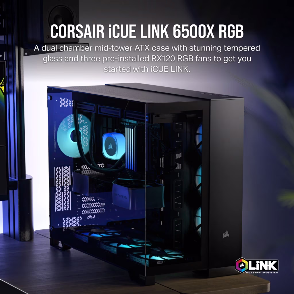 Corsair iCUE LINK 6500X RGB Mid-Tower ATX Dual Chamber PC Case, 3x RX RGB Fans & System Hub, Compatible with Reverse Connector mATX & mITX MOBO's,  Black | CC-9011269-WW thumbnail 8