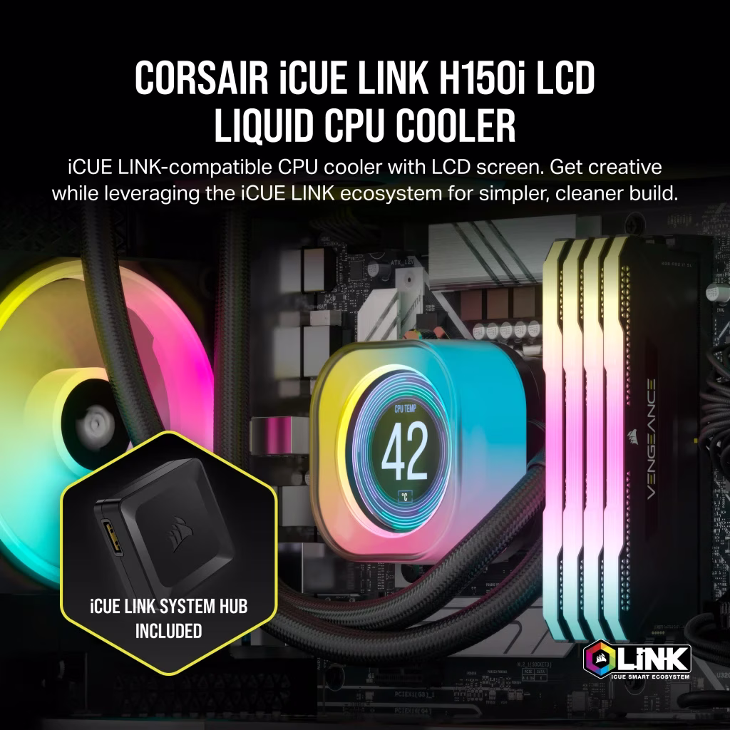 CORSAIR iCUE LINK H150i RGB AIO LCD Liquid CPU Cooler, 360mm Radiator, 2.1??? IPS LCD Screen, 120mm QX120 RGB Fans, 2400 RPM Speed, 63.1 CFM Airflow, Intel 1700 & AMD AM5 Sockets, Black | CW-9061008-WW thumbnail 3