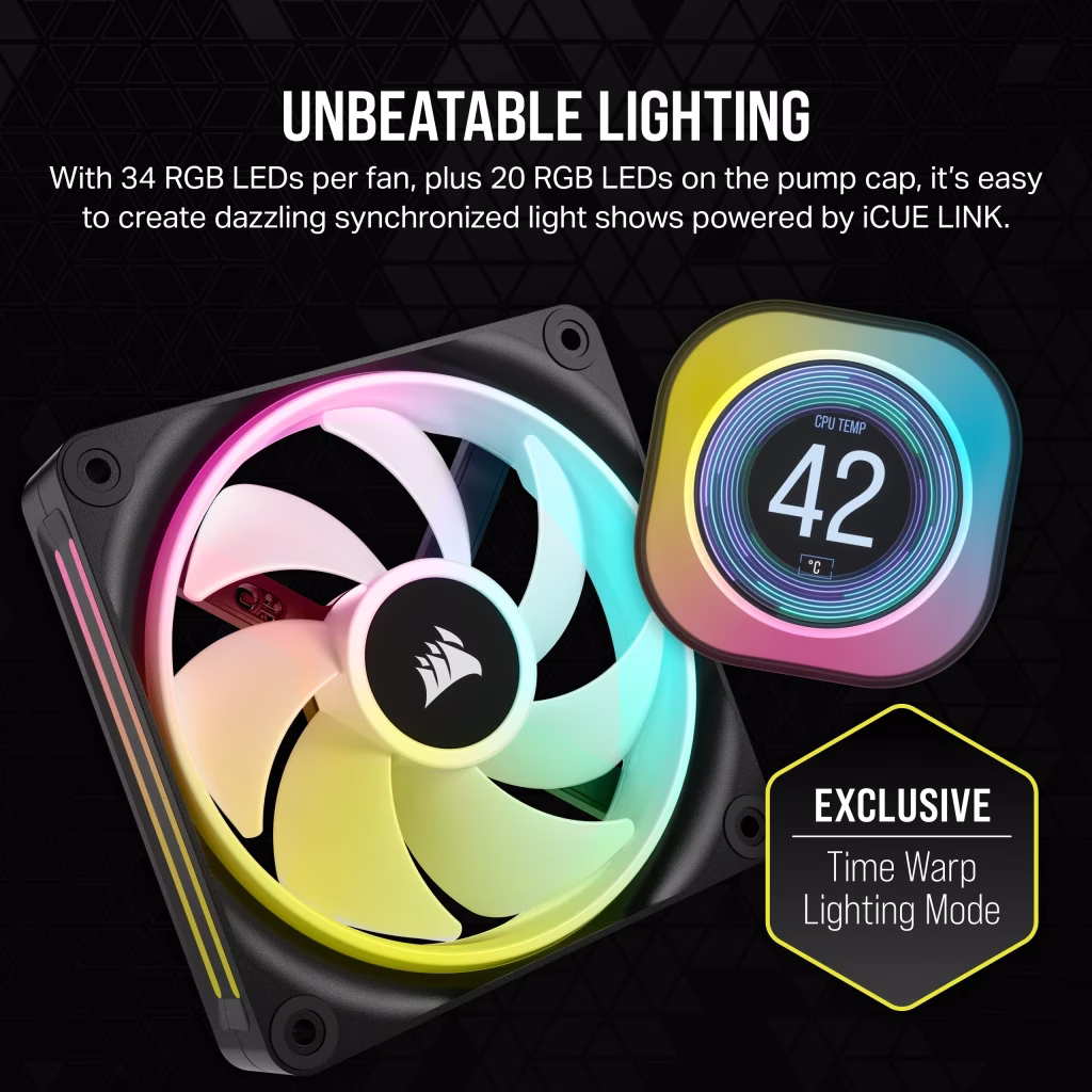 CORSAIR iCUE LINK H150i RGB AIO LCD Liquid CPU Cooler, 360mm Radiator, 2.1??? IPS LCD Screen, 120mm QX120 RGB Fans, 2400 RPM Speed, 63.1 CFM Airflow, Intel 1700 & AMD AM5 Sockets, Black | CW-9061008-WW thumbnail 5