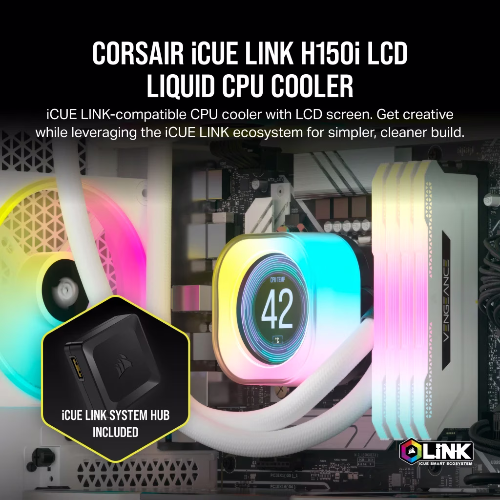 CORSAIR iCUE LINK H150i RGB AIO LCD Liquid CPU Cooler, 360mm Radiator, 2.1??? IPS LCD Screen, 120mm QX120 RGB Fans, 2400 RPM Speed, 63.1 CFM Airflow, Intel 1700 & AMD AM5 Sockets, White | CW-9061010-WW thumbnail 4