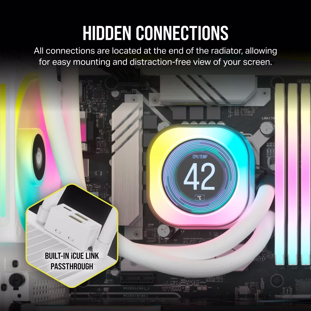 CORSAIR iCUE LINK H150i RGB AIO LCD Liquid CPU Cooler, 360mm Radiator, 2.1??? IPS LCD Screen, 120mm QX120 RGB Fans, 2400 RPM Speed, 63.1 CFM Airflow, Intel 1700 & AMD AM5 Sockets, White | CW-9061010-WW thumbnail 2