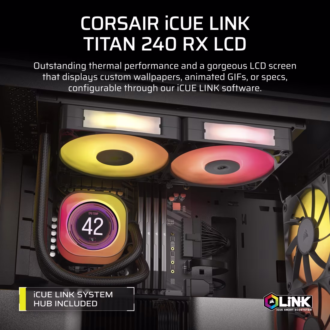 Corsair iCUE LINK TITAN 240 RX LCD Liquid CPU Cooler, Intel 1851, 1700, AMD AM5, And AM4, Black Sleeved Low-Permeation Rubber, Black | CW-9061022-WW thumbnail 3