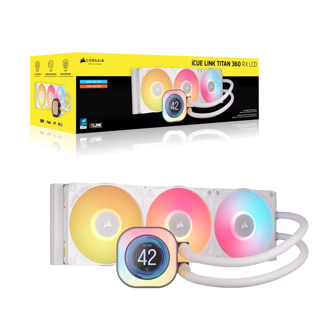 CORSAIR iCUE LINK Titan 360 RX LCD CPU Liquid Cooler, 360mm AIO, Intel LGA 1851/1700, AMD AM5/AM4, iCUE LINK System Hub Included, White | CW-9061023-WW thumbnail 2