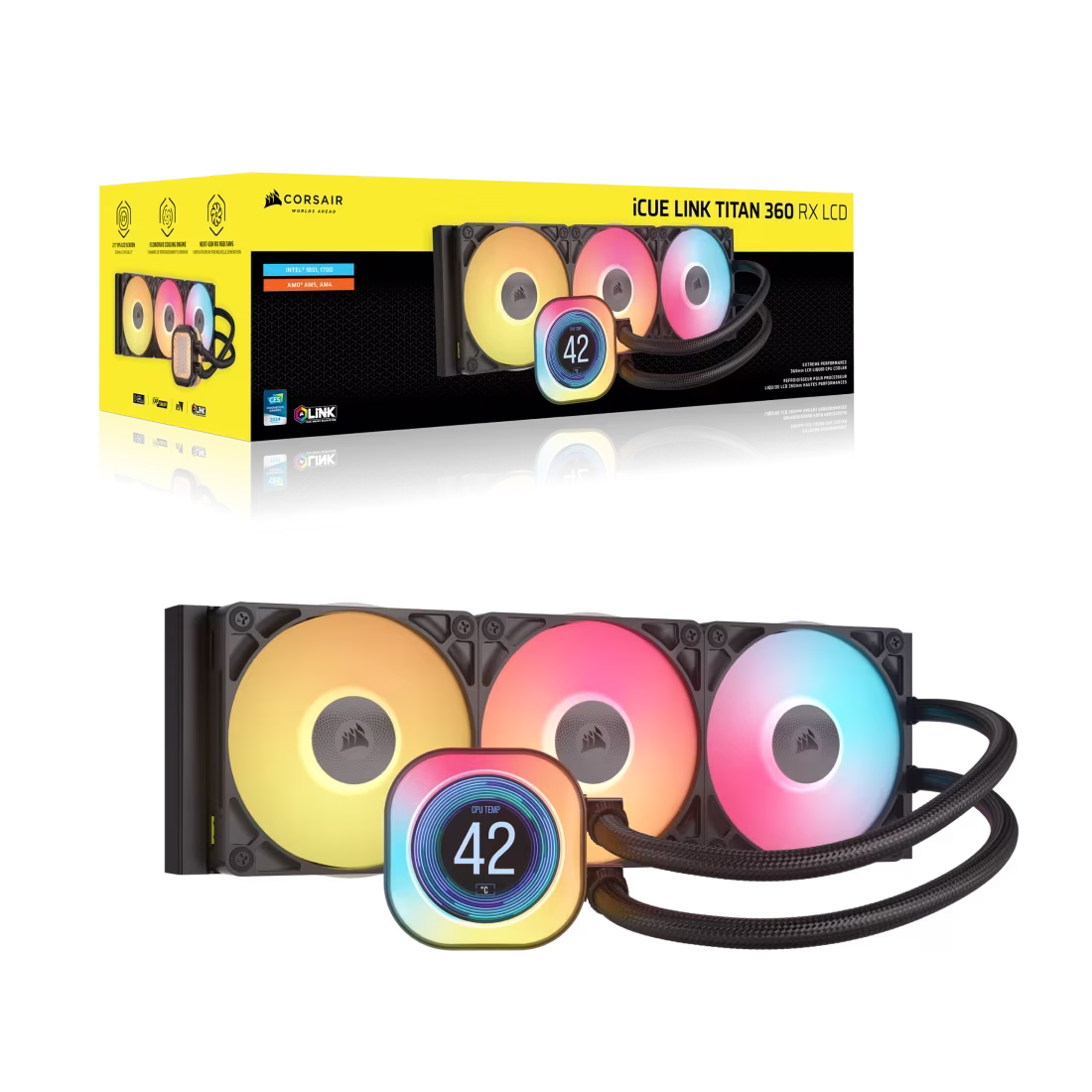 CORSAIR iCUE LINK Titan 360 RX LCD CPU Liquid Cooler, 360mm AIO, Intel LGA 1851/1700, AMD AM5/AM4, iCUE LINK System Hub Included, Black | CW-9061023-WW image