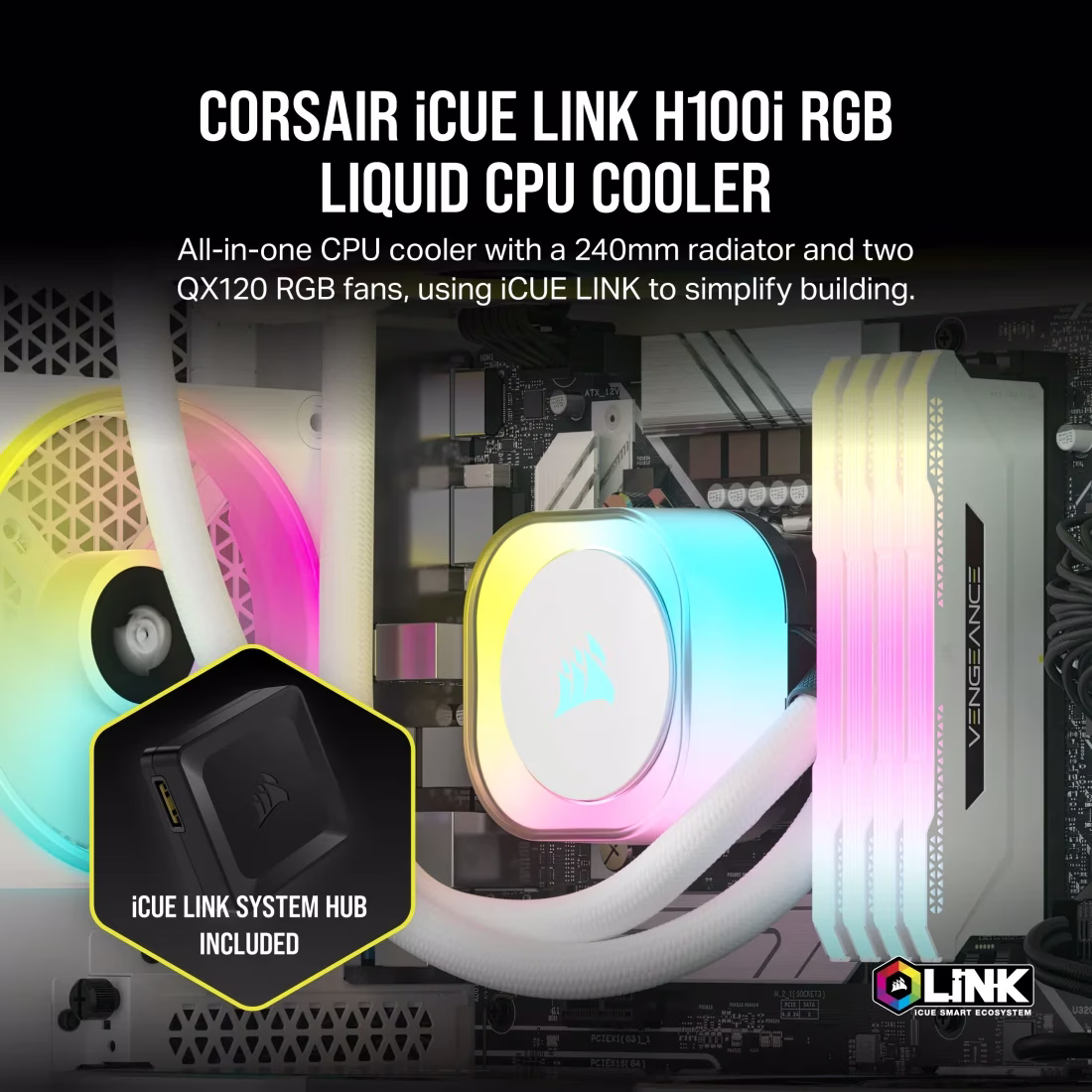 CORSAIR iCUE LINK H100i RGB AIO 240mm CPU Cooler - White, QX120 Fans, AM5/LGA 1700/1851 | CW-9061005-WW thumbnail 11