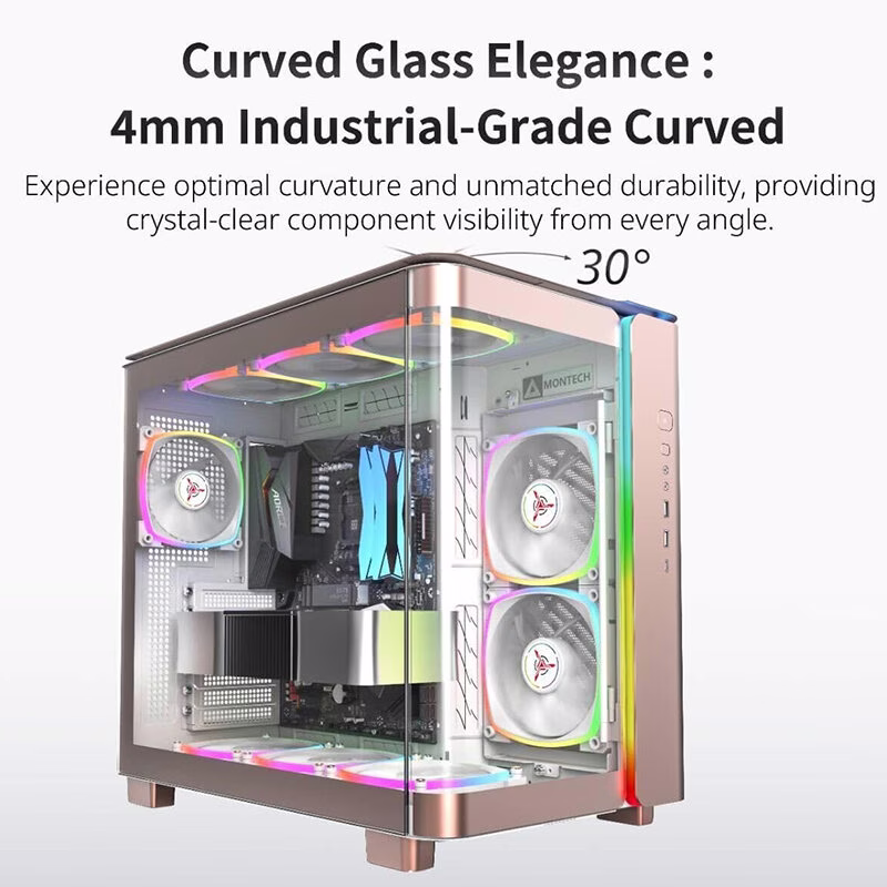 MONTECH King 95 PRO Dual-Chamber ATX Mid-Tower PC Gaming Case, High-Airflow, Sturdy Curved Tempered Glass Front, Six ARGB PWM Fan Pre-Installed with Fan Hub, Rose Gold, Skytech Gaming Edition thumbnail 5