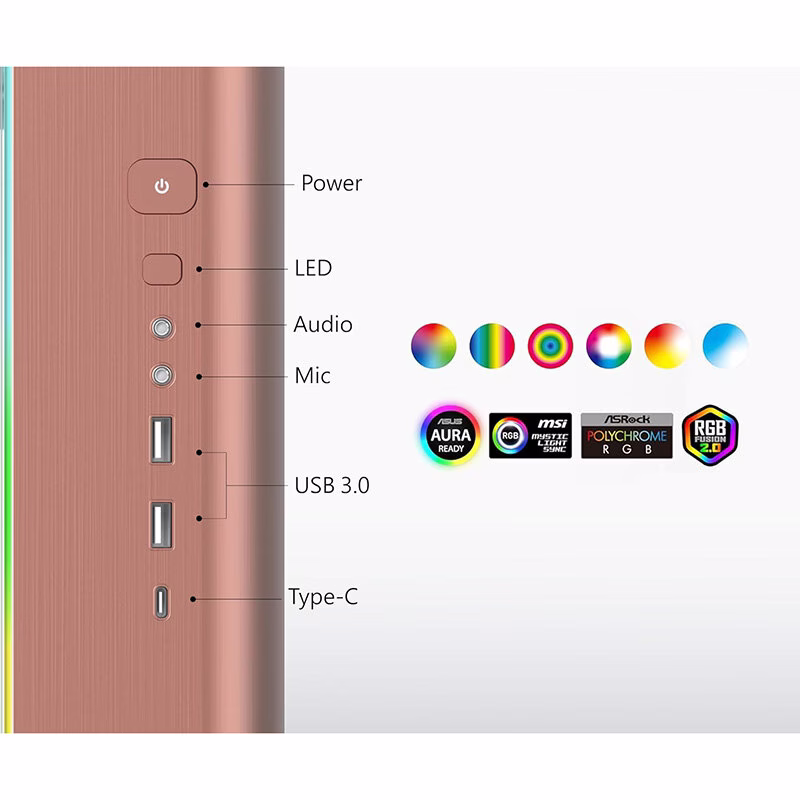 MONTECH King 95 PRO Dual-Chamber ATX Mid-Tower PC Gaming Case, High-Airflow, Sturdy Curved Tempered Glass Front, Six ARGB PWM Fan Pre-Installed with Fan Hub, Rose Gold, Skytech Gaming Edition thumbnail 3