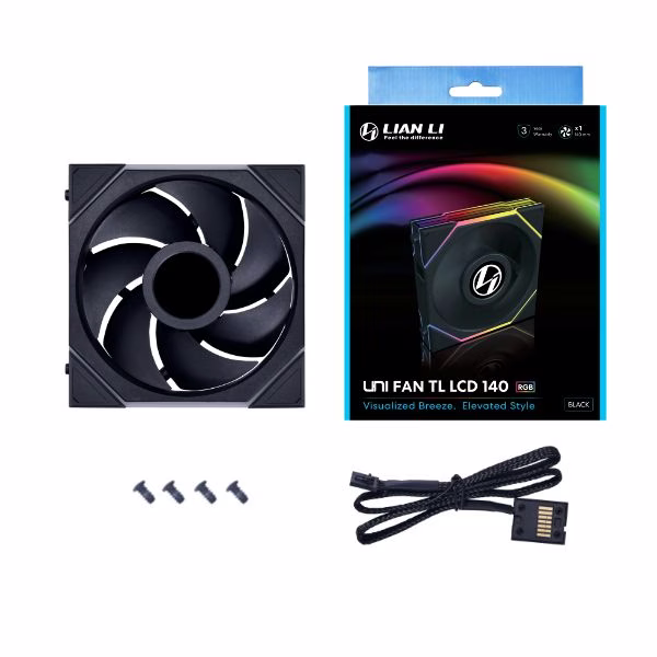 Lian-Li UNI FAN TL LCD 140 RGB, 1.6" LCD, 140mm Case Fan Size, 1600 RPM Fan Speed, 68.1 CFM Fan Air Flow, Fluid Dynamic Bearing, PA66 / PBT Materials, Single Pack, Black | 14TLLCD1B image