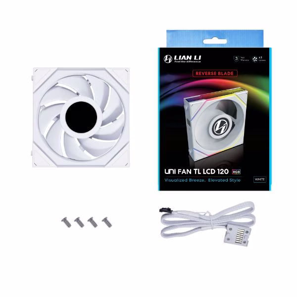Lian Li Uni Fan TL 120 Reverse Blade RGB Case Fan, 1.6" LCD, 120mm Fan Size, 1900 RPM Fan Speed, 54.3 CFM Airflow, PA66 / PBT Materials, Fluid Dynamic Bearing, Single Pack, White | G99.12RTLLCD1W.00 thumbnail 4