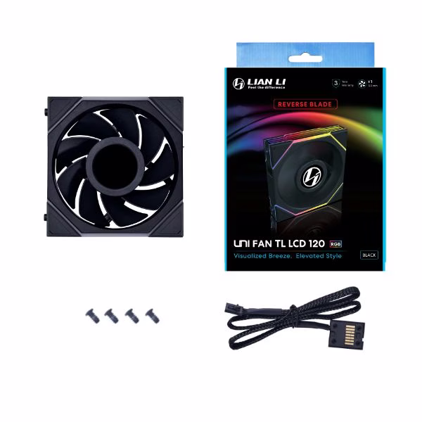 Lian Li Uni Fan TL 120 Reverse Blade RGB Case Fan, 1.6" LCD, 120mm Fan Size, 1900 RPM Fan Speed, 54.3 CFM Airflow, PA66 / PBT Materials, Fluid Dynamic Bearing, Single Pack, Black | G99.12RTLLCD1B.00 thumbnail 3