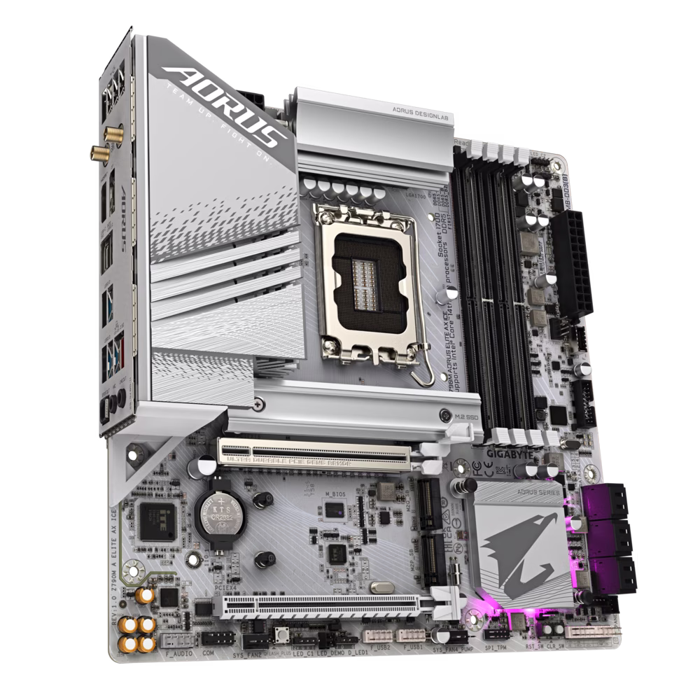 GIGABYTE Z790M AORUS ELITE AX ICE LGA 1700 Intel Z790 M-ATX Motherboard with DDR5, Triple M.2, PCIe 5.0, USB 3.2 Gen2X2 Type-C, Intel Wi-Fi 6E, 2.5GbE LAN, Q-Flash Plus, EZ-Latch Plus | Z790M A ELITE AX ICE thumbnail 3