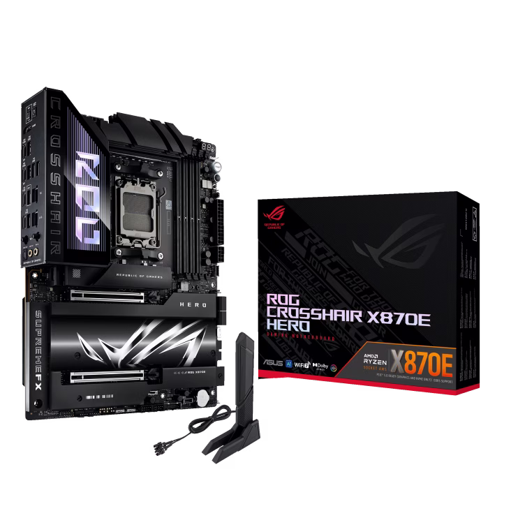 ASUS ROG CROSSHAIR X870E HERO AM5 DDR5 ATX Motherboard,  4 x DIMM slots, max.192GB up to 8200+MT/s, 5 x M.2 slots and 1 x SlimSAS connector and 4 x SATA, PCIe 5.0, Wi-Fi 7, 2.5Gb Ethernet,  AI Networking | 90MB1IE0-M0EAY0   ASUS AMD MOTHERBOARD – Buy Online