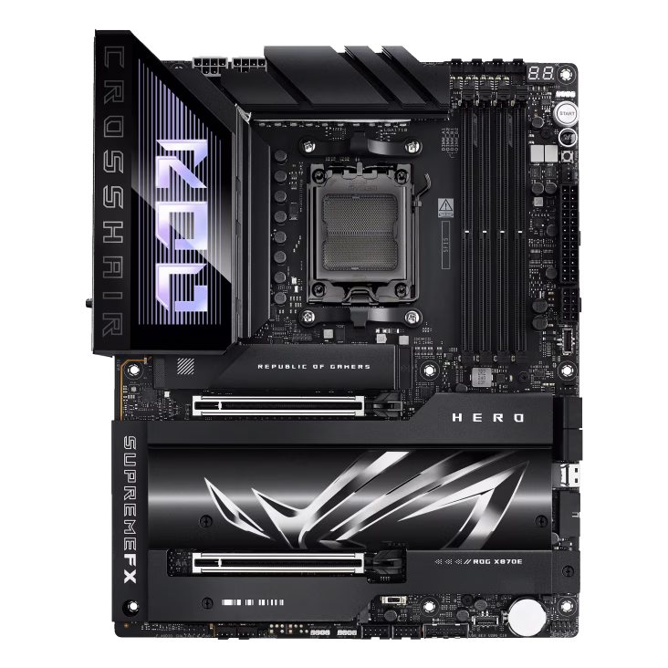 ASUS ROG CROSSHAIR X870E HERO AM5 DDR5 ATX Motherboard,  4 x DIMM slots, max.192GB up to 8200+MT/s, 5 x M.2 slots and 1 x SlimSAS connector and 4 x SATA, PCIe 5.0, Wi-Fi 7, 2.5Gb Ethernet,  AI Networking | 90MB1IE0-M0EAY0   ASUS AMD MOTHERBOARD thumbnail 2