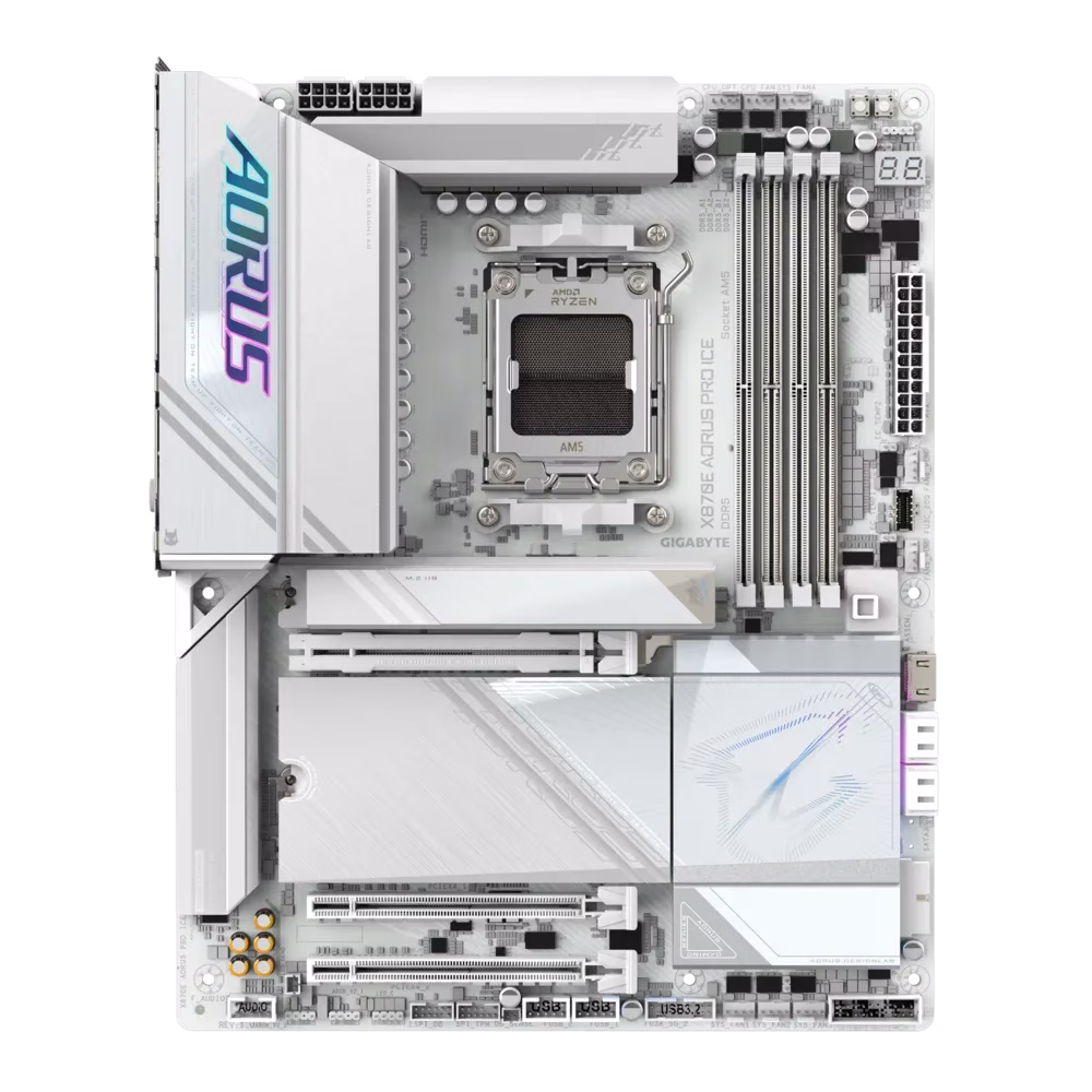 Gigabyte X870E AORUS PRO ICE AM5 Motherboard, 4x DDR5 DIMMs with AMD EXPO, 4x M.2 slots Includes 3x PCIe 5.0 x4, 2.5GbE LAN & Wi-Fi 7, Dual USB4 Type-C with DP-Alt, HDMI, White | X870E AORUS PRO ICE thumbnail 2