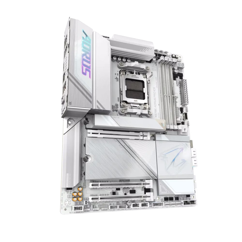 Gigabyte X870E AORUS PRO ICE AM5 Motherboard, 4x DDR5 DIMMs with AMD EXPO, 4x M.2 slots Includes 3x PCIe 5.0 x4, 2.5GbE LAN & Wi-Fi 7, Dual USB4 Type-C with DP-Alt, HDMI, White | X870E AORUS PRO ICE thumbnail 3