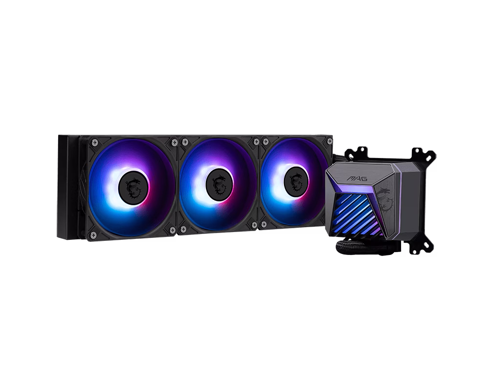 MSI MAG CORELIQUID A15 360 Liquid Cooler, 360mm Radiator, Pre-installed UNI Bracket (1700/1851/AM4/AM5), High Efficiency Pump speeds up to 3400 RPM, Rifle Fan Bearing, ARGB GEN2, CycloBlade Design, Black | 306-7ZW9A11-L80 thumbnail 6