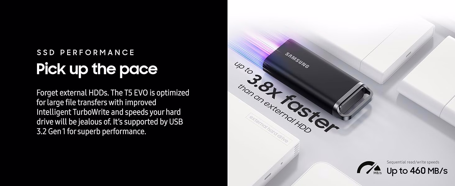 Samsung T5 EVO 8TB USB 3.2 Gen 1 Portable External SSD, Up to 460 MB/s Data Transfer Rate, Rubber Skin Design, AES 256-Bit Hardware Encryption, Integrated Hook - Black | MU-PH8T0S/WW image