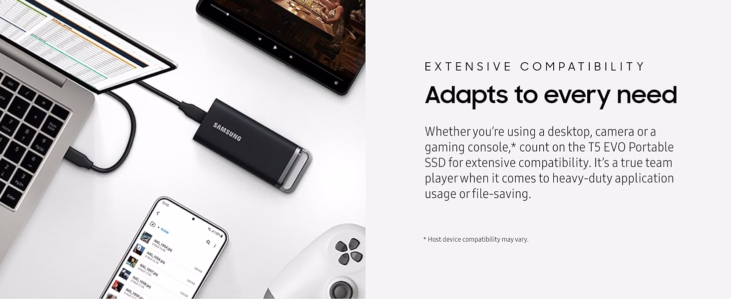 Samsung T5 EVO 8TB USB 3.2 Gen 1 Portable External SSD, Up to 460 MB/s Data Transfer Rate, Rubber Skin Design, AES 256-Bit Hardware Encryption, Integrated Hook - Black | MU-PH8T0S/WW thumbnail 8