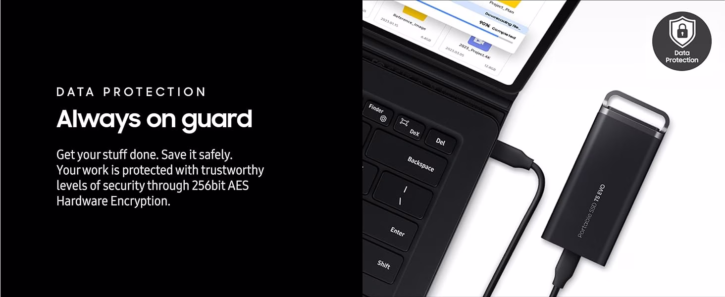Samsung T5 EVO 8TB USB 3.2 Gen 1 Portable External SSD, Up to 460 MB/s Data Transfer Rate, Rubber Skin Design, AES 256-Bit Hardware Encryption, Integrated Hook - Black | MU-PH8T0S/WW thumbnail 9