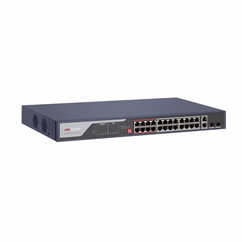 Hikvision DS-3E0326P-E(C) 100 Mbps Long Range PoE Switch, 24 ?? 10/100 Mbps PoE port,2 ?? Gigabit combo, Up to 300 m, Port isolation to improve network security, 6 kV surge protection,  PoE watchdog function – Buy Online