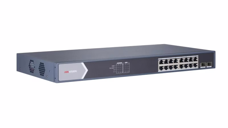 Hikvision DS-3E0518P-E/M 16 Port Gigabit Unmanaged PoE Switch, 16x Gigabit PoE port, 2x Gigabit SFP fiber optical port, IEEE 802.3at/af standard, IEEE 802.3, IEEE 802.3u, and IEEE 802.3x standard, 6 kV surge protection for PoE ports, PoE power management image