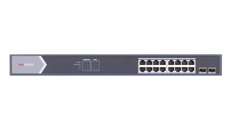 Hikvision DS-3E0518P-E/M 16 Port Gigabit Unmanaged PoE Switch, 16x Gigabit PoE port, 2x Gigabit SFP fiber optical port, IEEE 802.3at/af standard, IEEE 802.3, IEEE 802.3u, and IEEE 802.3x standard, 6 kV surge protection for PoE ports, PoE power management thumbnail 2