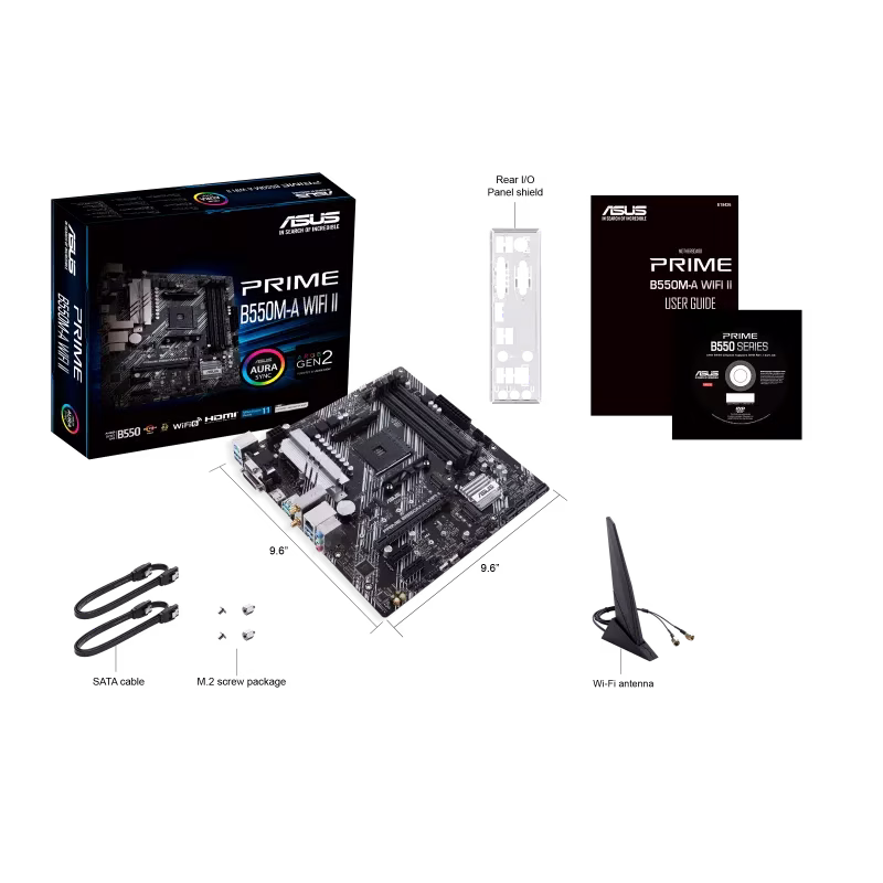 ASUS PRIME B550M-A WIFI II AMD B550 (Ryzen AM4) micro ATX motherboard with dual M.2, PCIe 4.0, Wi-Fi 6, 1 Gb Ethernet, HDMI, DVI-D, D-Sub, SATA 6 Gbps, USB 3.2 Gen 2 Type-A, and Aura Sync RGB lighting support | 90MB19X0-M0EAY0 image