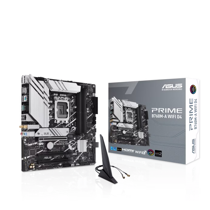 ASUS PRIME B760M-A WIFI D4 Motherboard, Intel B760 (LGA 1700) mATX motherboard, PCIe 4.0, 4 x DIMM, 2x M.2 slots, Realtek 2.5Gb Ethernet, Wi-Fi 6, DisplayPort, Dual HDMI, SATA 6 Gbps, USB 3.2 Gen 2, Type-C, Aura Sync | 90MB1CX0-M0EAY0 – Buy Online