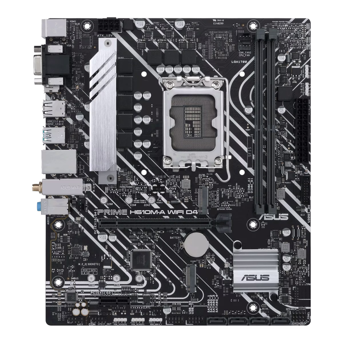 ASUS PRIME H610M-A WIFI D4 Intel H610 (LGA 1700) mic-ATX motherboard with DDR4, PCIe 4.0, dual M.2 slots, Intel 1 Gb Ethernet, WIFI 5, DisplayPort, HDMI, D-Sub, USB 3.2 Gen 2 ports, SATA 6 Gbps, Addressable Gen 2 headers, and Arua Sync | 90MB1C80-M0EAY0 image