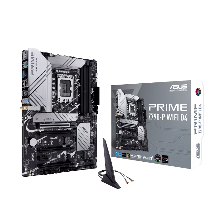 ASUS Prime Z790-P WIFI D4, an Intel Z790 LGA 1700 ATX motherboard with PCIe?? 5.0, three M.2 slots, 14+1 DrMOS, DDR4, Realtek 2.5Gb Ethernet, Intel?? Wi-Fi 6, HDMI??, DP, USB 3.2 Gen 2x2 Type-C??, front USB 3.2 Gen 2 Type-C??, Thunderbolt??? (USB4??) supp image