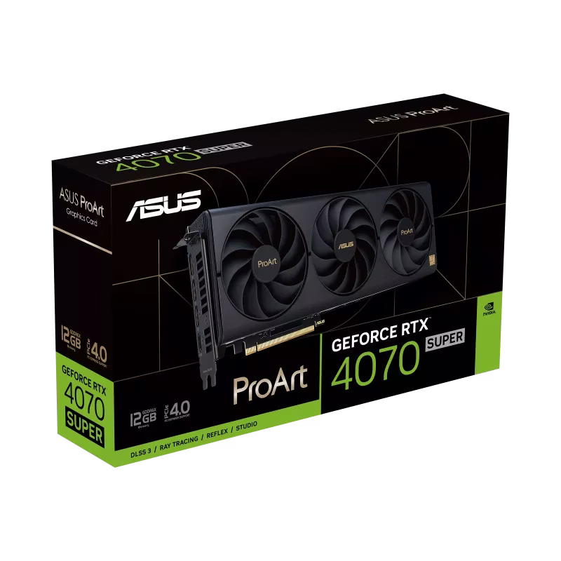 ASUS ProArt GeForce RTX 4070 SUPER 12GB GDDR6X OC Edition Graphic card, 192-bit and  21 Gbps, 581 AI Performance, 2565 MHz Max Boost, 7168 CUDA Cores, 2 Year Warranty, Black | 90YV0KC4-M0NA00 image
