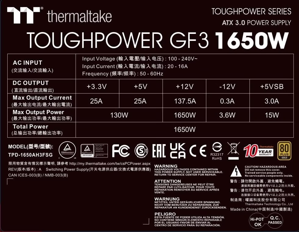 Thermaltake Toughpower GF3 Gold Full Modular Power Supply, TT Premium Edition, 1650W Capacity, 80 PLUS Gold, 140mm Ultra Quiet Smart Zero Fan, PCIe Gen 5.0 & ATX 3 .0, Black | PS-TPD-1650FNFAGK-4 thumbnail 10