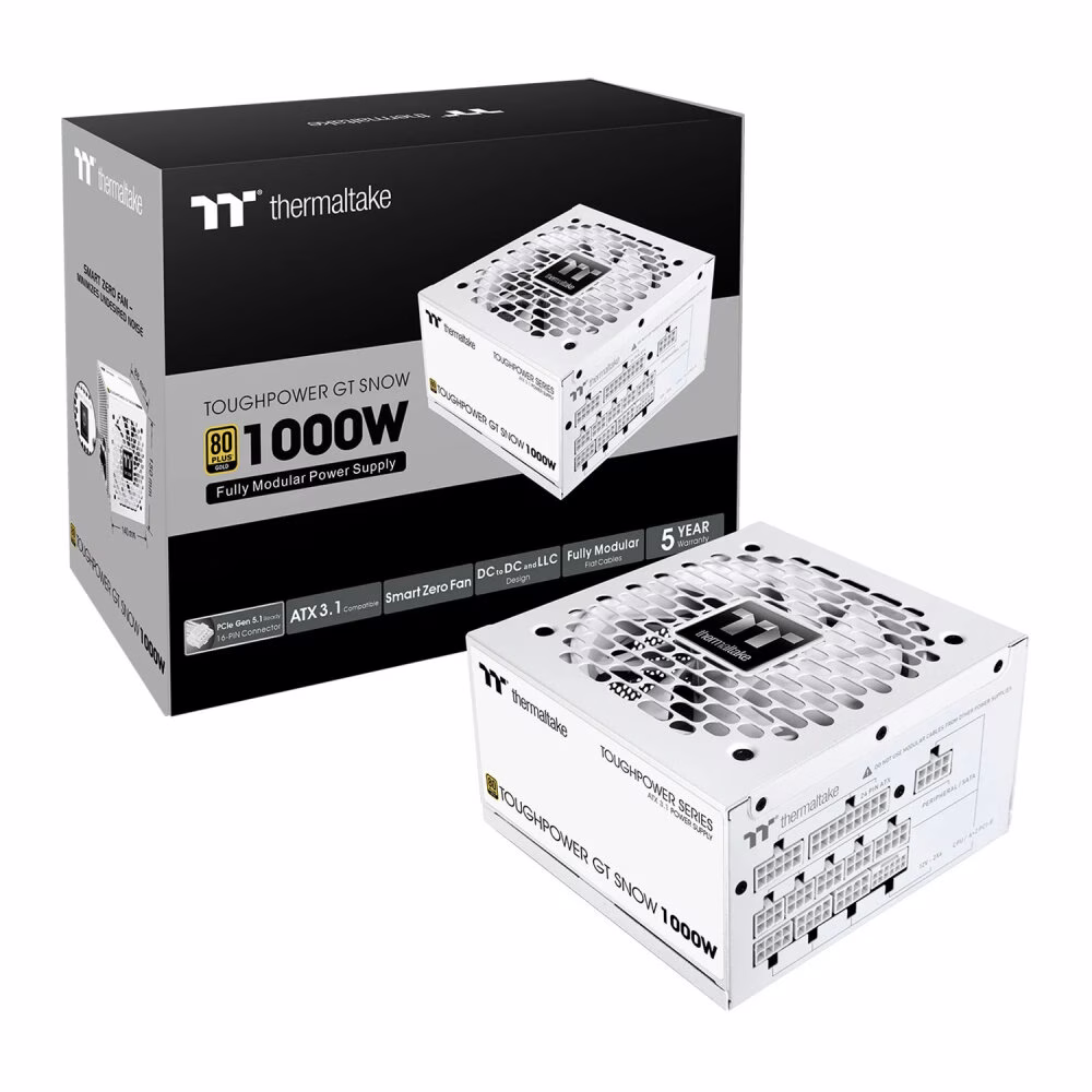 Thermaltake Toughpower GT Snow 1000W White Power Supply, ATX 3.1, 80+ Gold, Fully Modular, PCIe 5.1 Ready, 12V-2x6 Connector, White | PS-TPT-1000FNFAGK-W – Buy Online