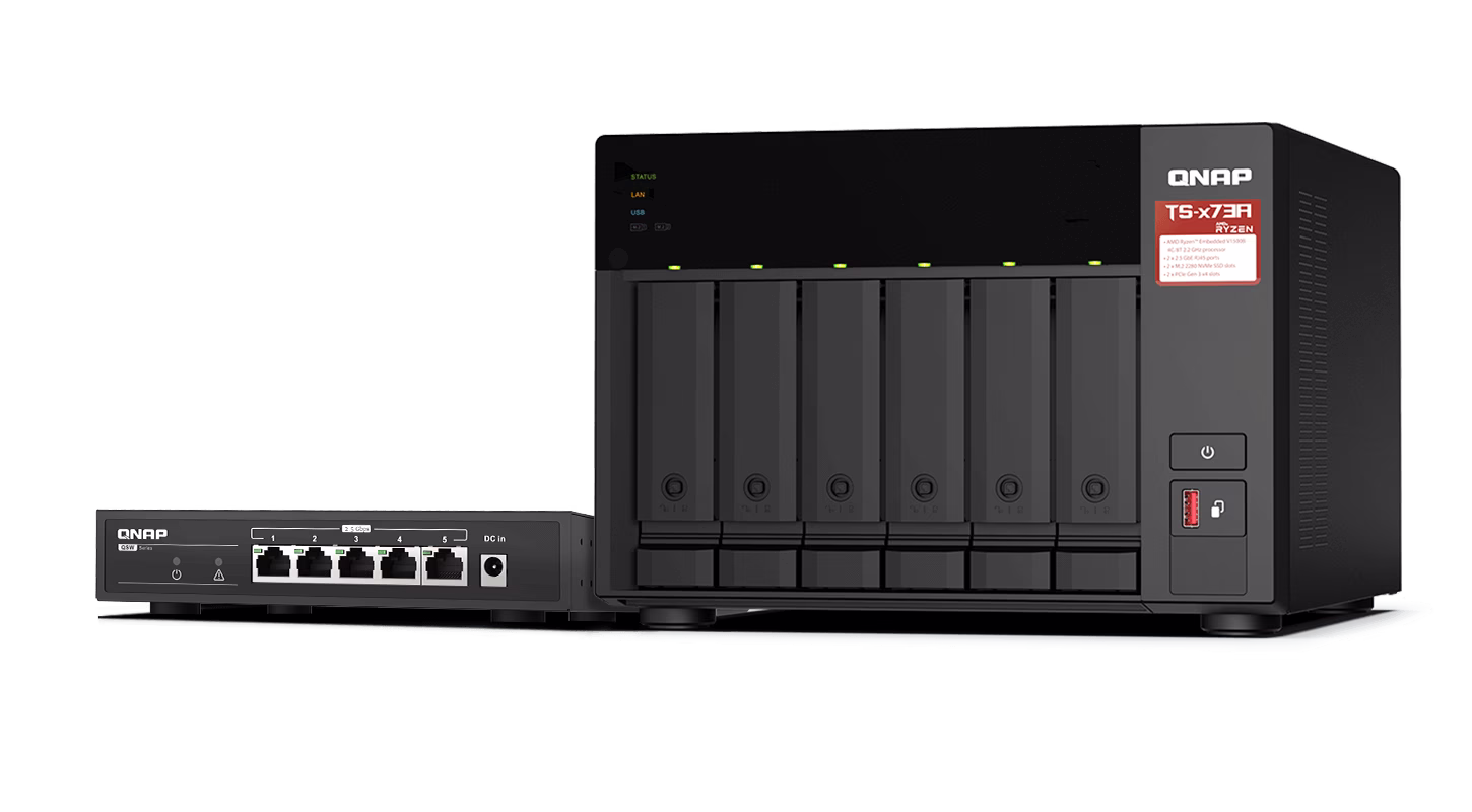 QNAP TS-673A + QSW-1105-5T Bundle Pack, 6-bay AMD Ryzen NAS with 5-Port 2.5G Switch, AMD Ryzen quad-core 2.2 GHz, 5x 2.5GbE connectivity, Flexible PCIe expansion, SSD cache acceleration, Supports QTS/QuTS hero OS | TS-673A-SW5T 6-BAY  image