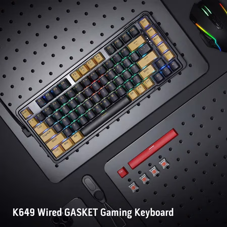 Redragon Elf K649Y-RGB 65% Mechanical Keyboard, Custom Gold-Melt Switch, Hot-Swappable Socket, Wired Connectivity, Detachable Type-C Cable, TPR Gasket Design, English Layout, Black/Yellow | K649Y-RGB thumbnail 3