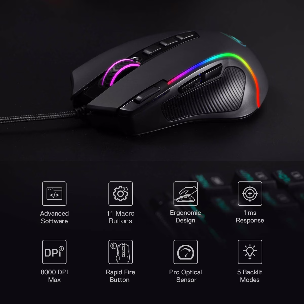 Redragon, Predator Wired Gaming Mouse, Black, M612-RGB thumbnail 4