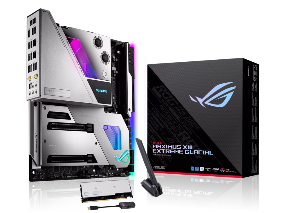ASUS ROG Maximus XIII Extreme Glacial Intel Z590 EATX motherboard, 18+2 power stages, EK water block, 5x M.2 slots, Dual Thunderbolt 4, WiFi 6E, Aura Sync | 90MB1730-M0EAY0 thumbnail 4